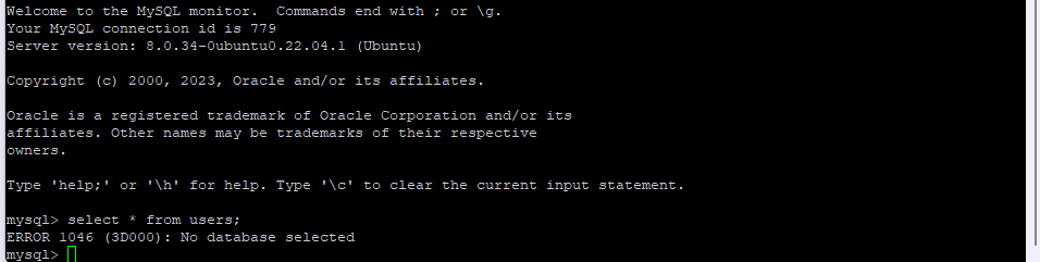 Mysql ERROR 1046 오류 캡쳐